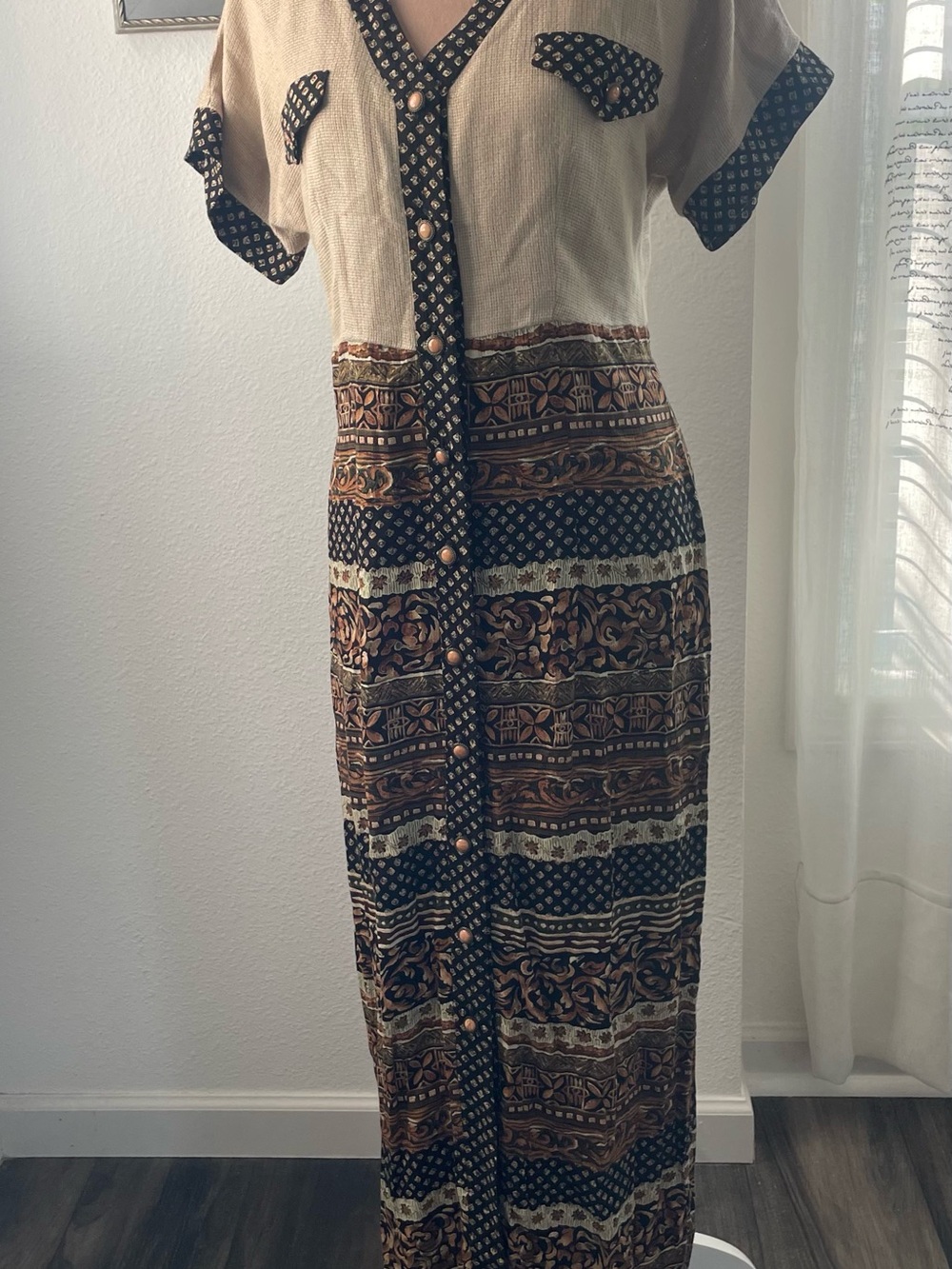 John Roberts Beige and Brown Patterned Maxi Dress with Button-Front, Size 10